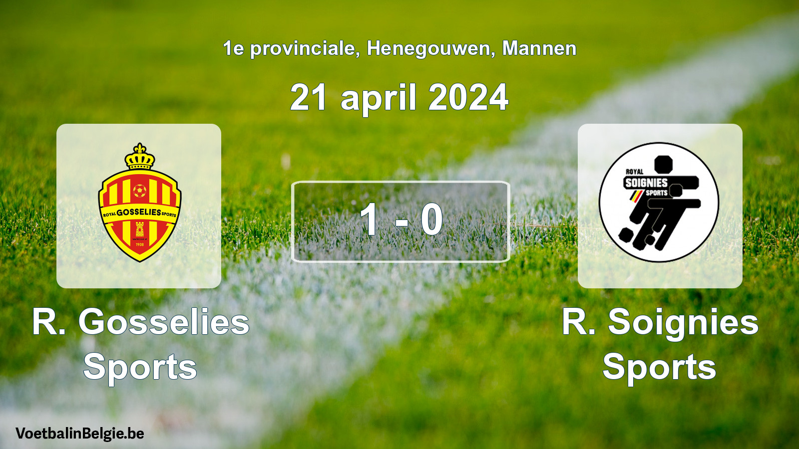 Gespeelde wedstrijd mannenvoetbal: R. Gosselies Sports - R. Soignies Sports 1 - 0 (21 april 2024)