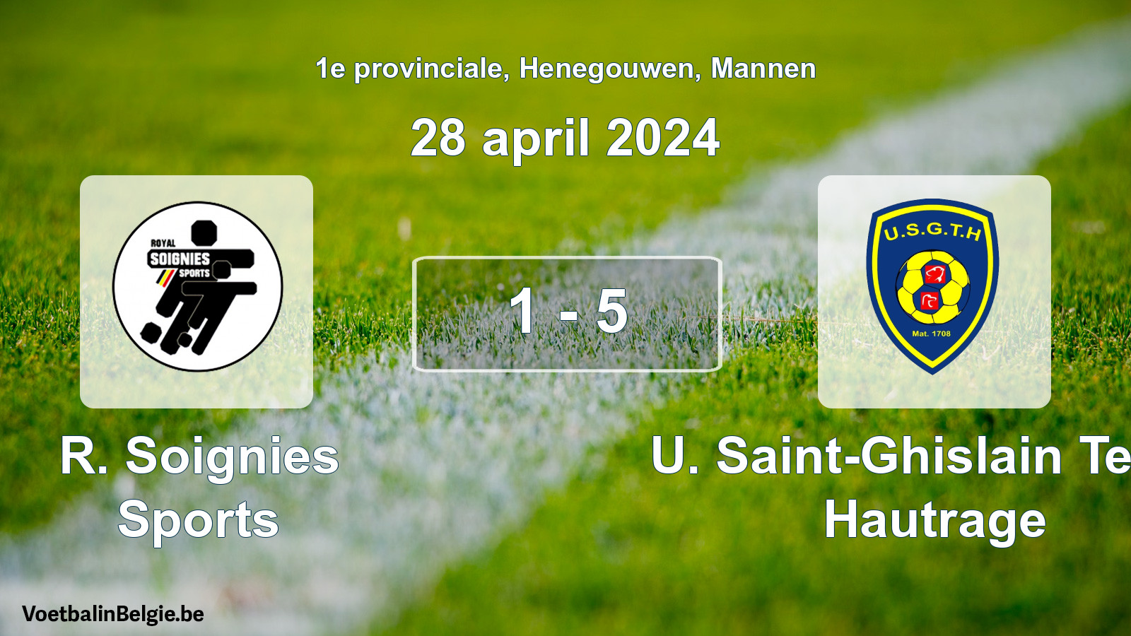Gespeelde wedstrijd mannenvoetbal: R. Soignies Sports - U. Saint-Ghislain Tertre Hautrage 1 - 5 (28 april 2024)