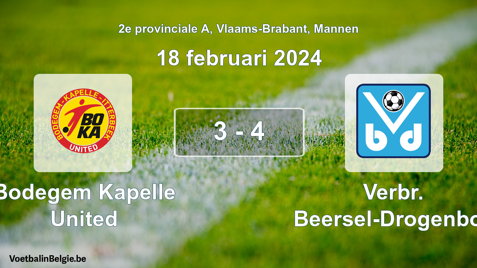 Gespeelde wedstrijd mannenvoetbal: Bodegem Kapelle United - Verbr. Beersel-Drogenbos 3 - 4 (18 februari 2024)