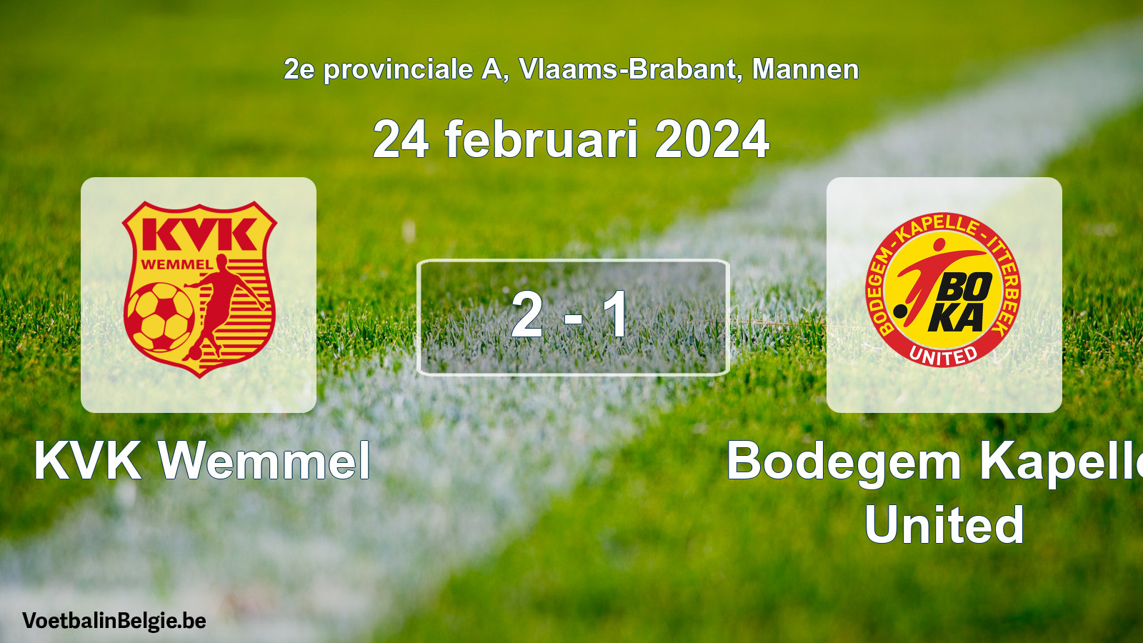 Gespeelde wedstrijd mannenvoetbal: KVK Wemmel - Bodegem Kapelle United 2 - 1 (24 februari 2024)