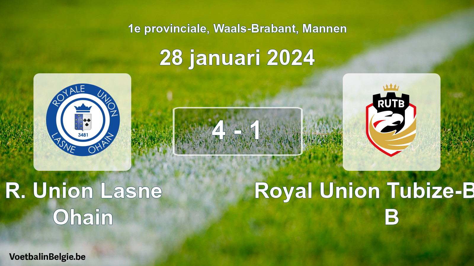 Gespeelde wedstrijd mannenvoetbal: R. Union Lasne Ohain - Royal Union Tubize-Braine B 4 - 1 (28 januari 2024)
