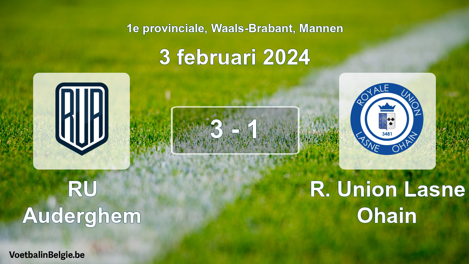 Gespeelde wedstrijd mannenvoetbal: RU Auderghem - R. Union Lasne Ohain 3 - 1 (3 februari 2024)