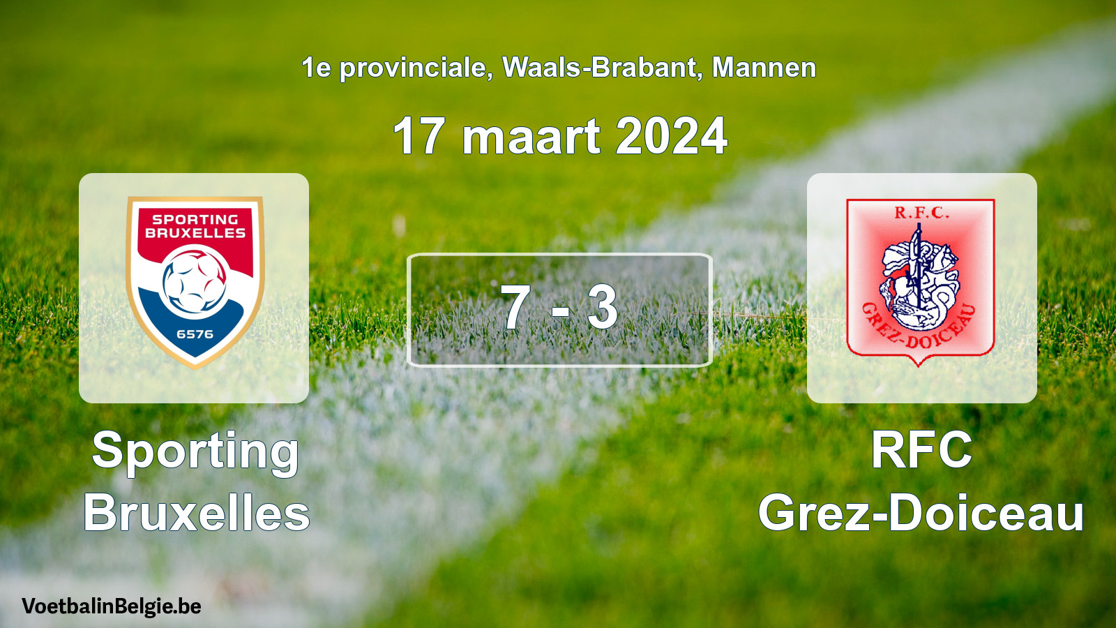 Gespeelde wedstrijd mannenvoetbal: Sporting Bruxelles - RFC Grez-Doiceau 7 - 3 (17 maart 2024)