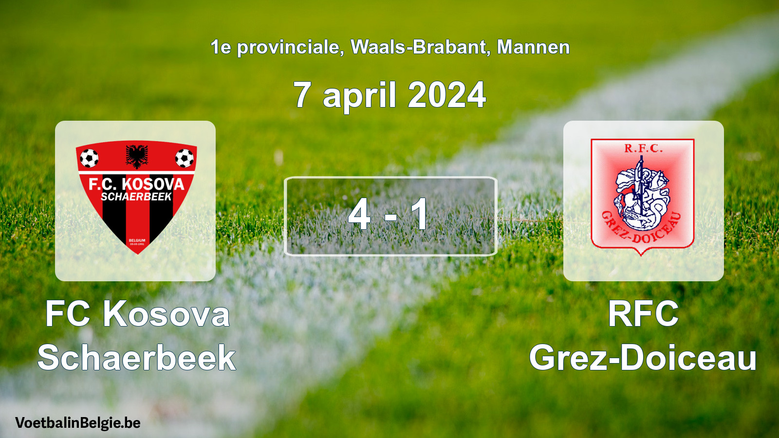 Gespeelde wedstrijd mannenvoetbal: FC Kosova Schaerbeek - RFC Grez-Doiceau 4 - 1 (7 april 2024)
