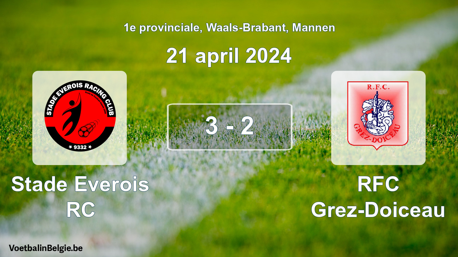 Gespeelde wedstrijd mannenvoetbal: Stade Everois RC - RFC Grez-Doiceau 3 - 2 (21 april 2024)