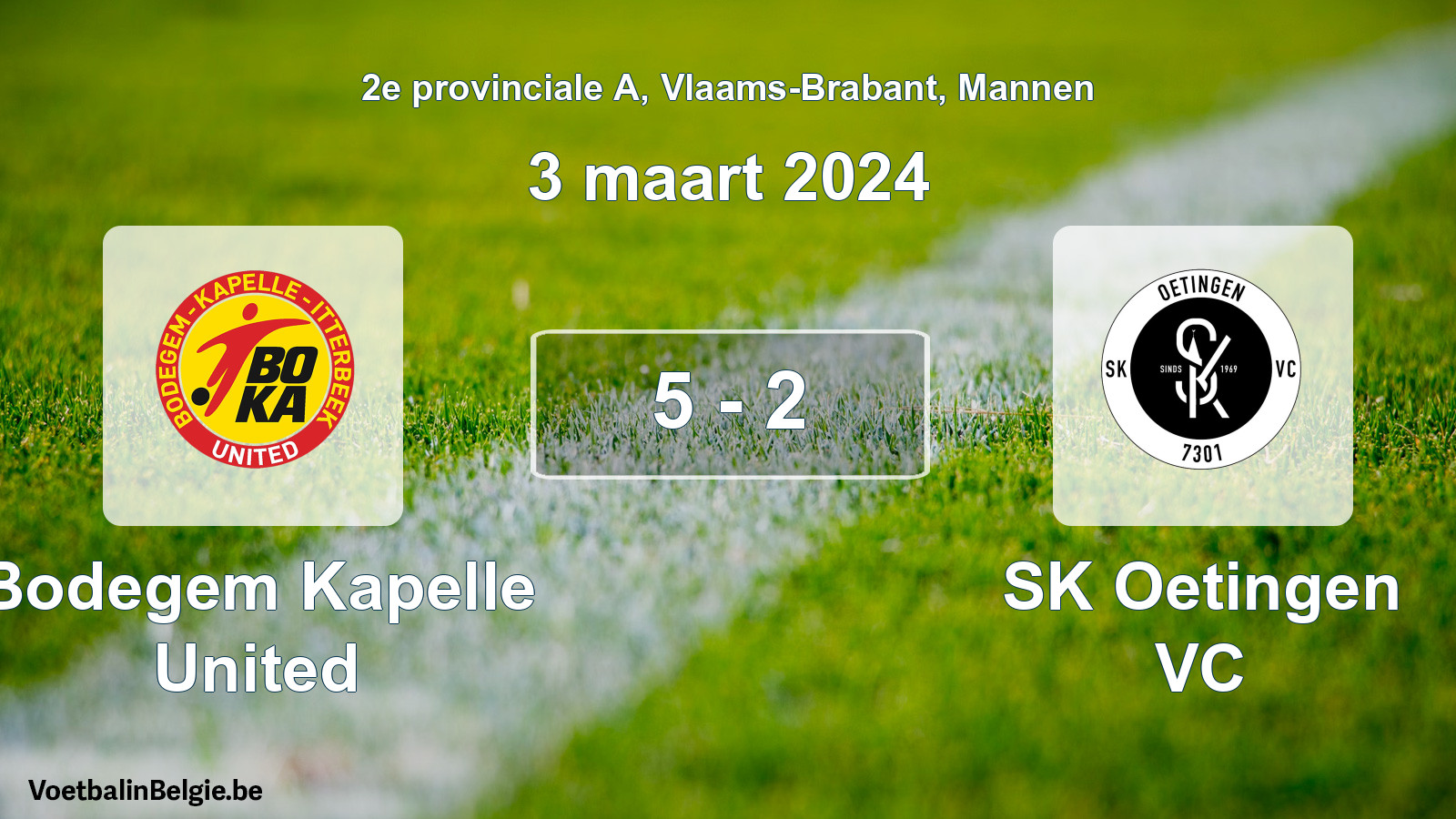 Gespeelde wedstrijd mannenvoetbal: Bodegem Kapelle United - SK Oetingen VC 5 - 2 (3 maart 2024)