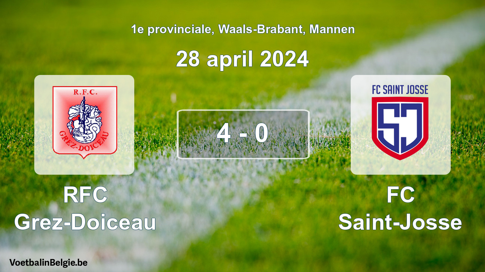 Gespeelde wedstrijd mannenvoetbal: RFC Grez-Doiceau - FC Saint-Josse 4 - 0 (28 april 2024)