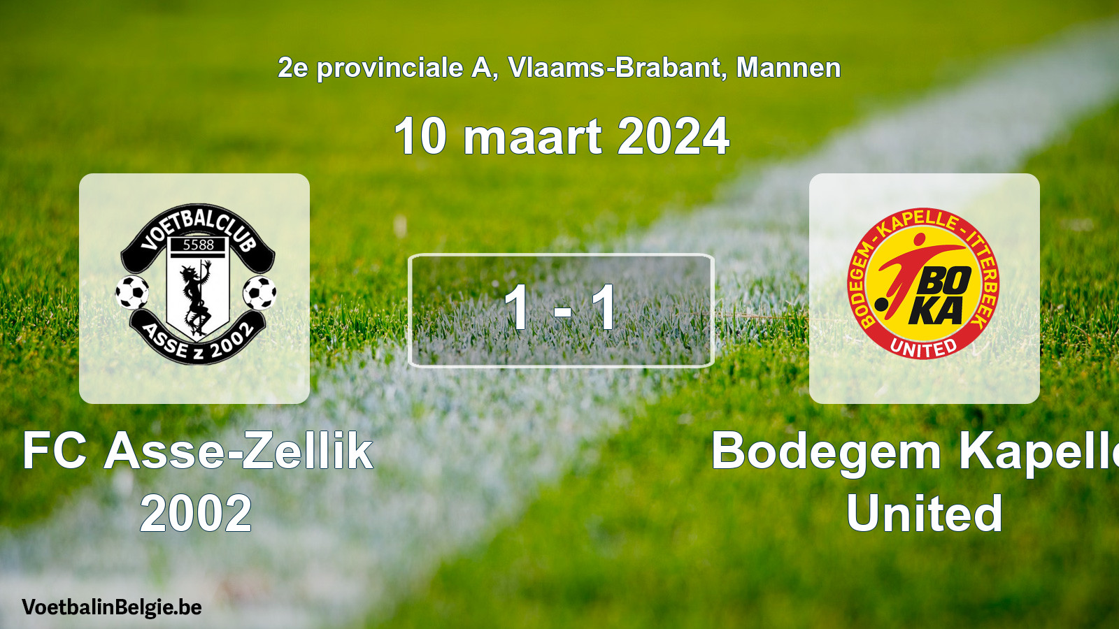 Gespeelde wedstrijd mannenvoetbal: FC Asse-Zellik 2002 - Bodegem Kapelle United 1 - 1 (10 maart 2024)