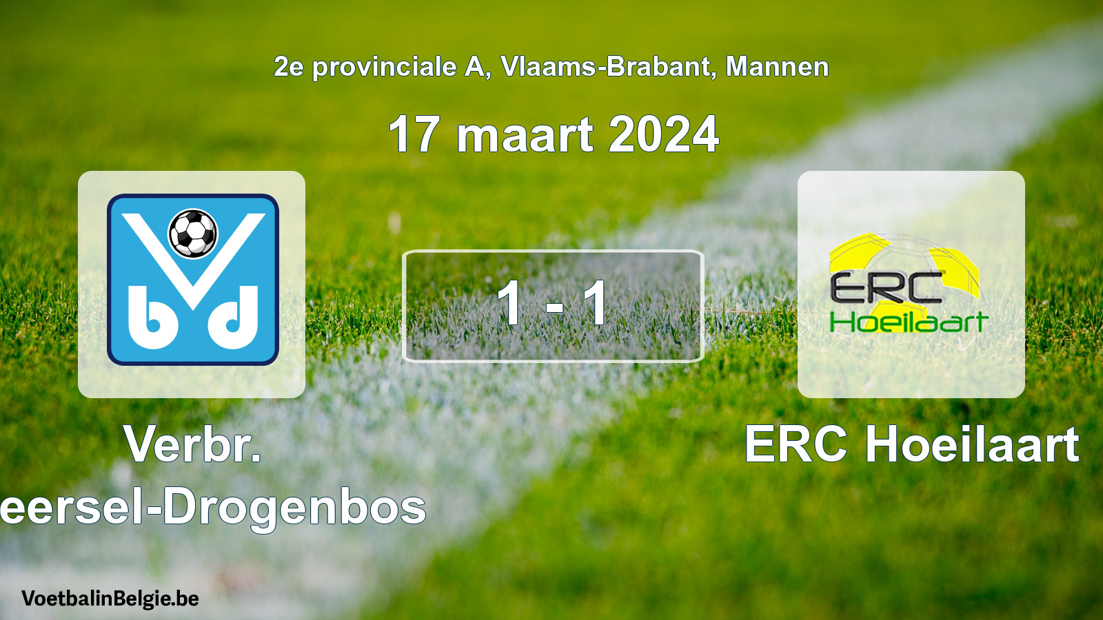 Gespeelde wedstrijd mannenvoetbal: Verbr. Beersel-Drogenbos - ERC Hoeilaart 1 - 1 (17 maart 2024)