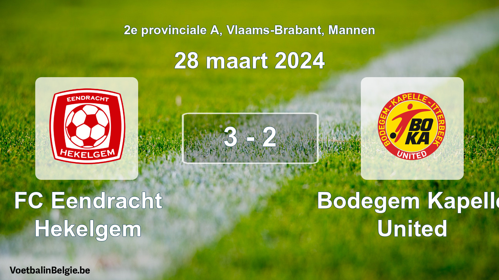 Gespeelde wedstrijd mannenvoetbal: FC Eendracht Hekelgem - Bodegem Kapelle United 3 - 2 (28 maart 2024)