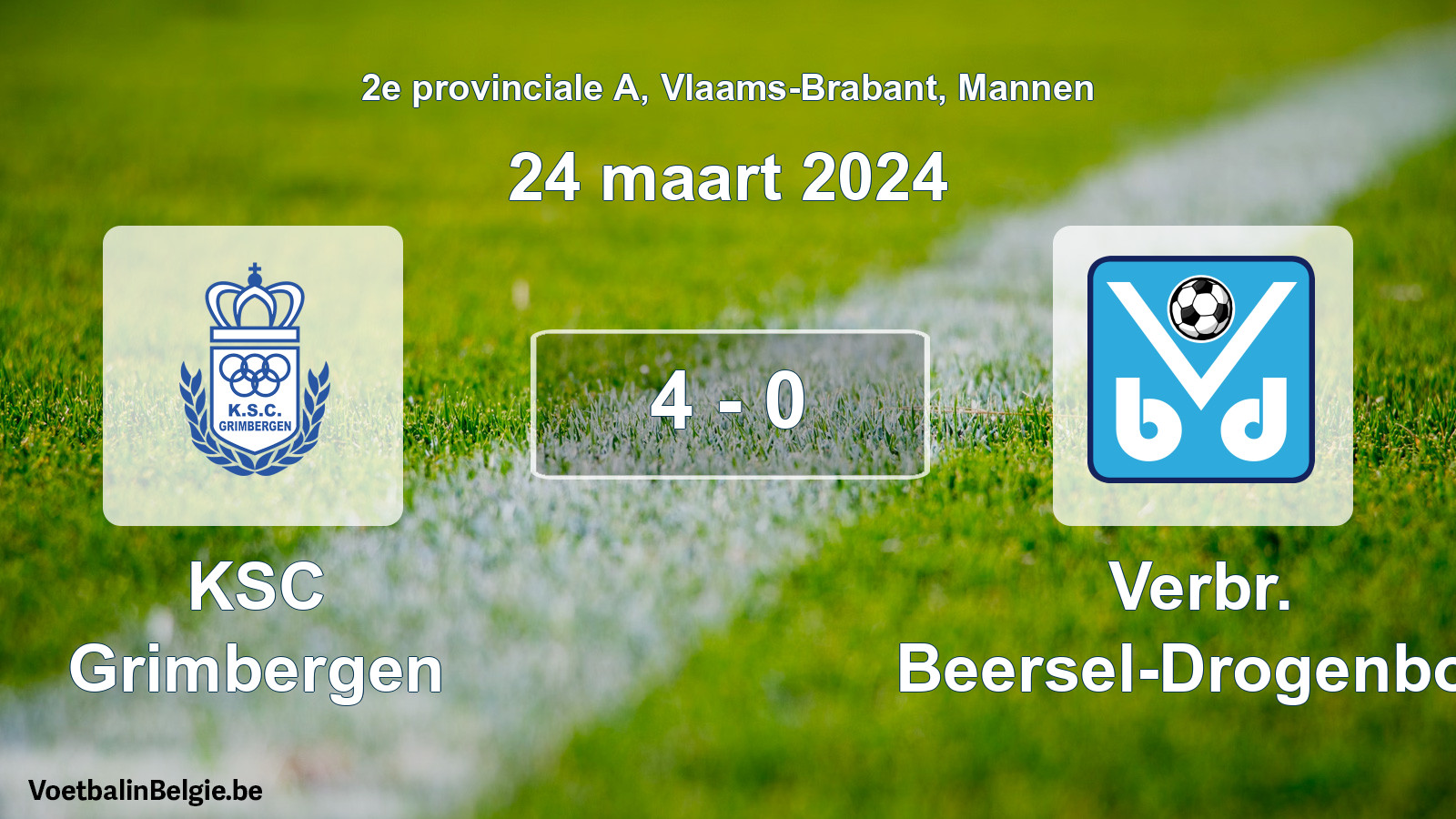 Gespeelde wedstrijd mannenvoetbal: KSC Grimbergen - Verbr. Beersel-Drogenbos 4 - 0 (24 maart 2024)