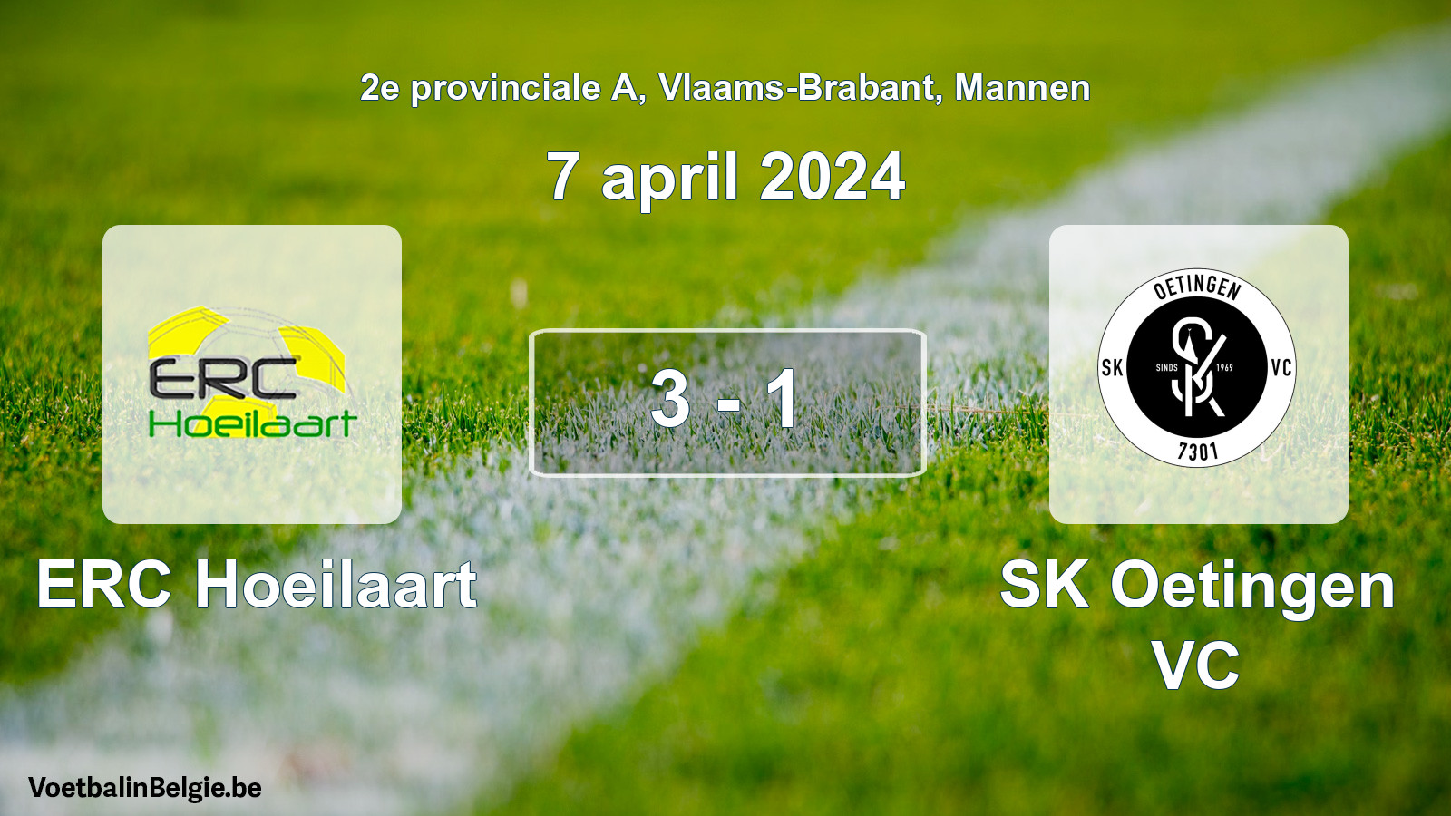 Gespeelde wedstrijd mannenvoetbal: ERC Hoeilaart - SK Oetingen VC 3 - 1 (7 april 2024)