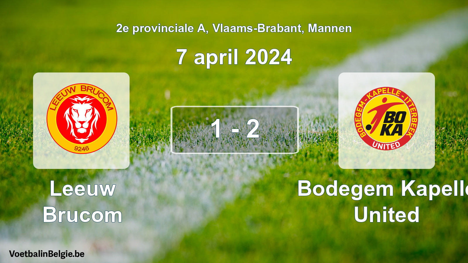 Gespeelde wedstrijd mannenvoetbal: Leeuw Brucom - Bodegem Kapelle United 1 - 2 (7 april 2024)