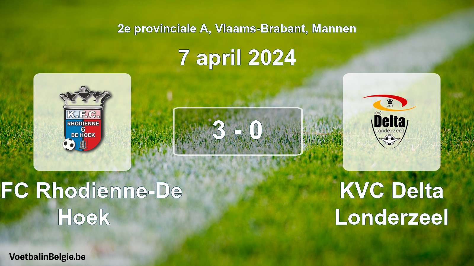 Gespeelde wedstrijd mannenvoetbal: KFC Rhodienne-De Hoek - KVC Delta Londerzeel 3 - 0 (7 april 2024)