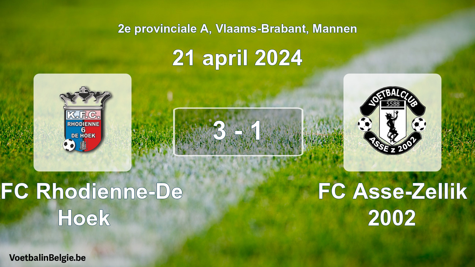 Gespeelde wedstrijd mannenvoetbal: KFC Rhodienne-De Hoek - FC Asse-Zellik 2002 3 - 1 (21 april 2024)