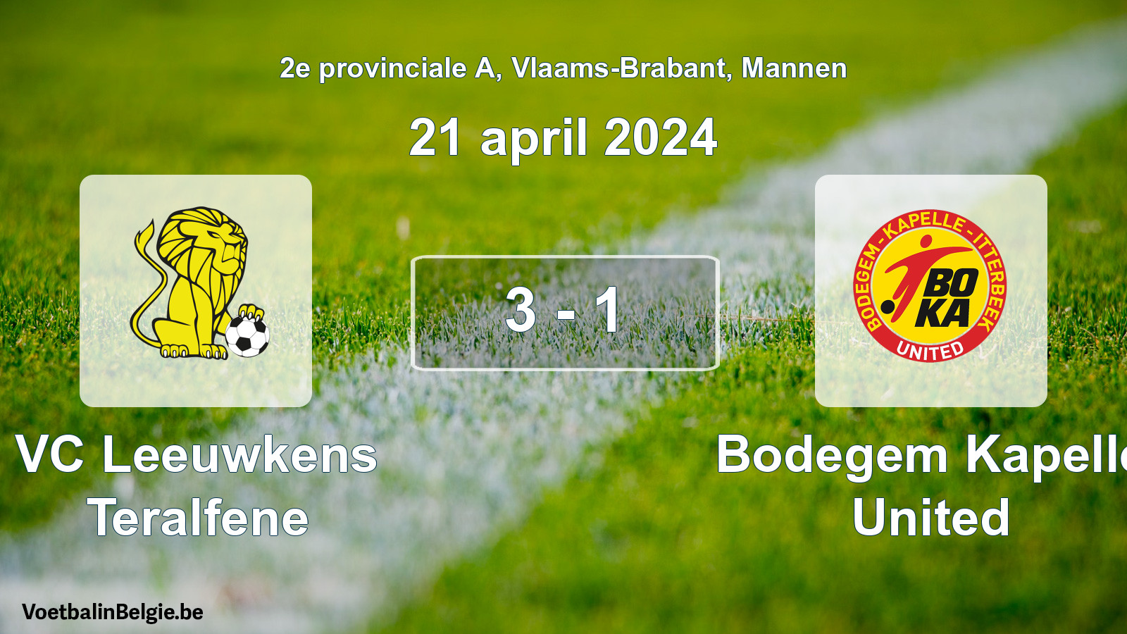 Gespeelde wedstrijd mannenvoetbal: VC Leeuwkens Teralfene - Bodegem Kapelle United 3 - 1 (21 april 2024)