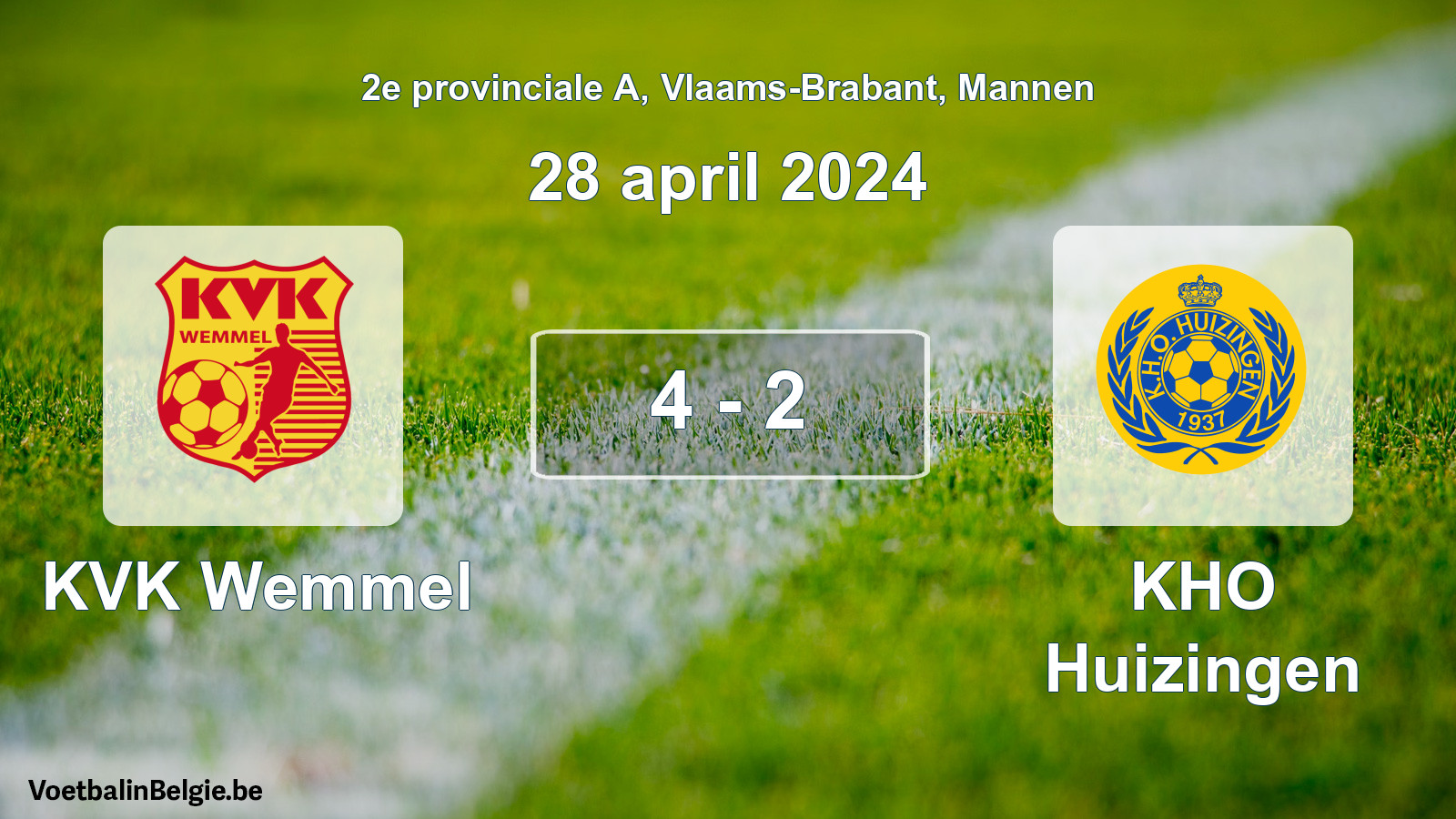 Gespeelde wedstrijd mannenvoetbal: KVK Wemmel - KHO Huizingen 4 - 2 (28 april 2024)