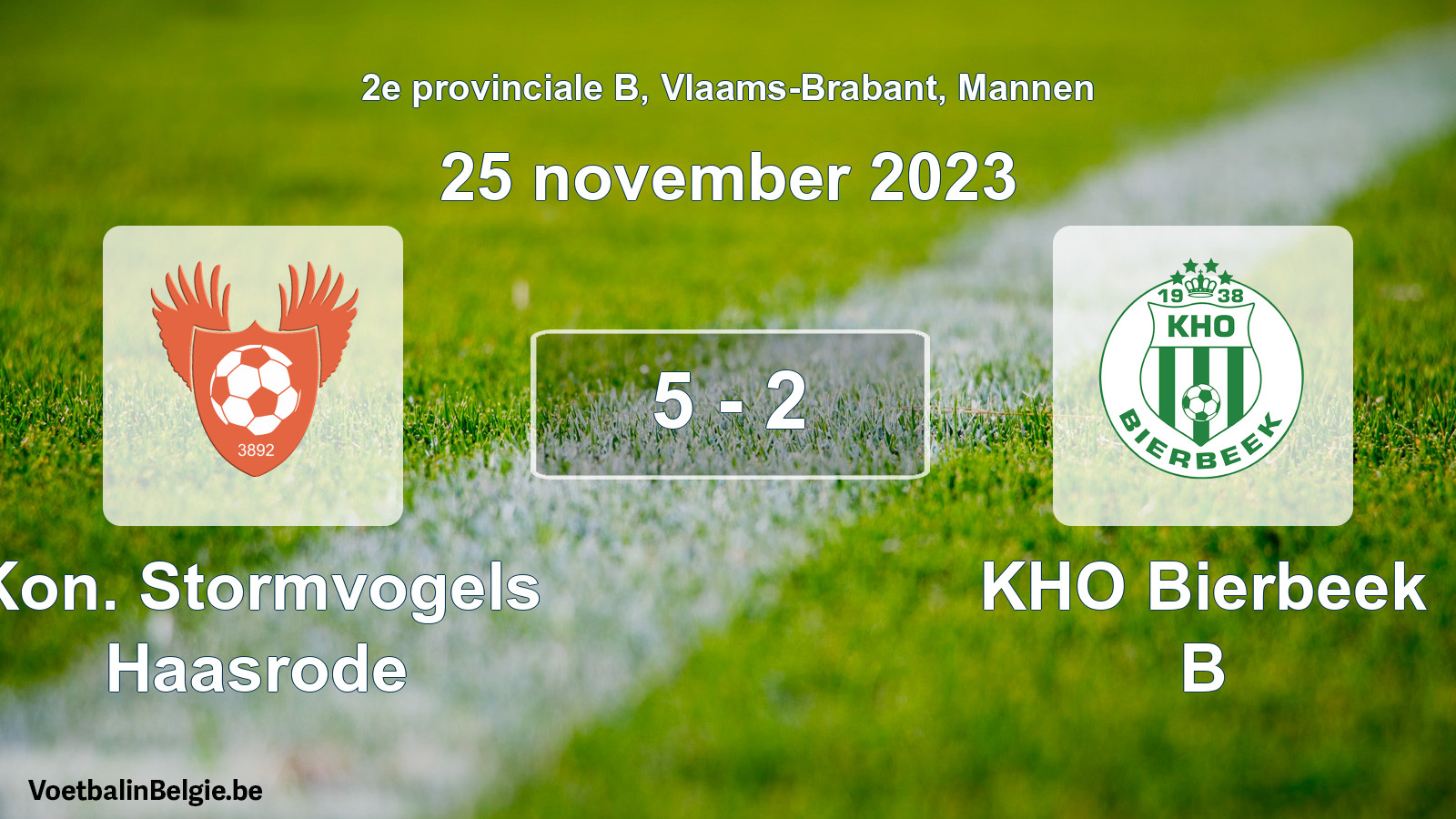 Gespeelde wedstrijd mannenvoetbal: Kon. Stormvogels Haasrode - KHO Bierbeek B 5 - 2 (25 november 2023)