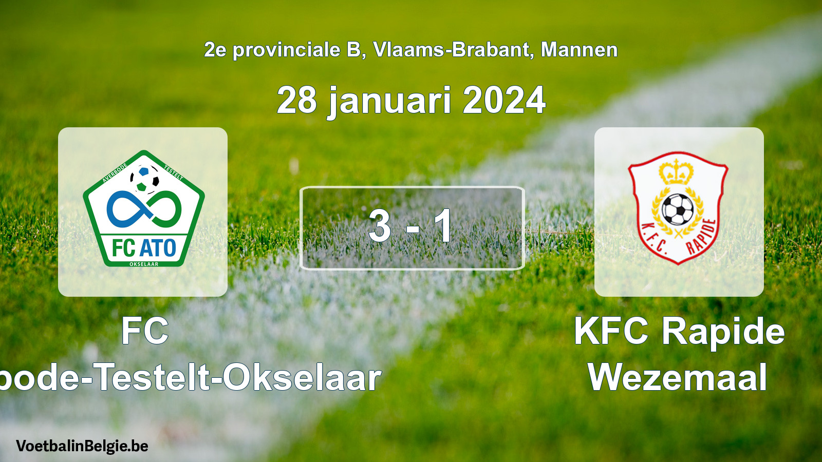 Gespeelde wedstrijd mannenvoetbal: FC Averbode-Testelt-Okselaar - KFC Rapide Wezemaal 3 - 1 (28 januari 2024)