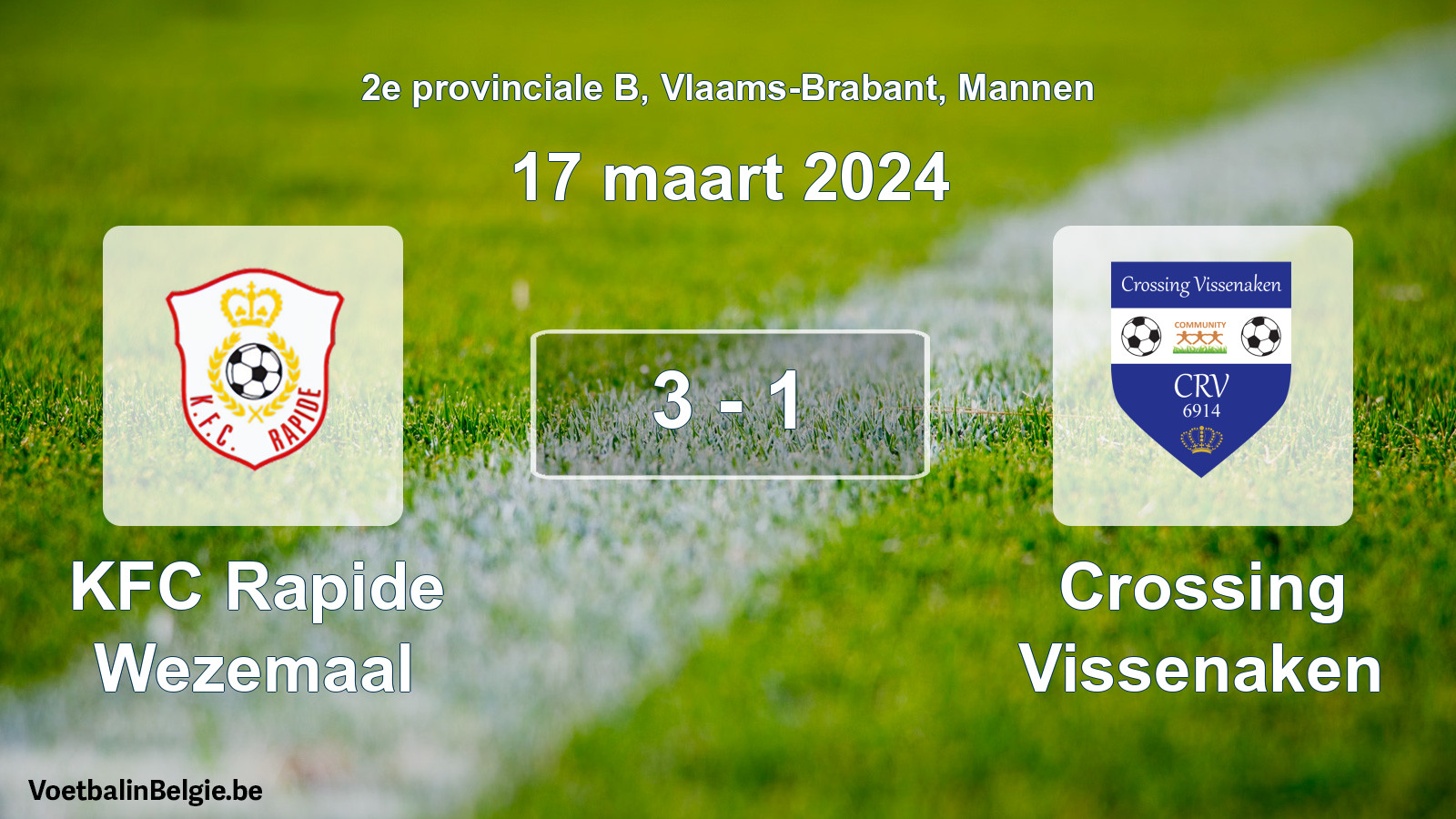 Gespeelde wedstrijd mannenvoetbal: KFC Rapide Wezemaal - Crossing Vissenaken 3 - 1 (17 maart 2024)