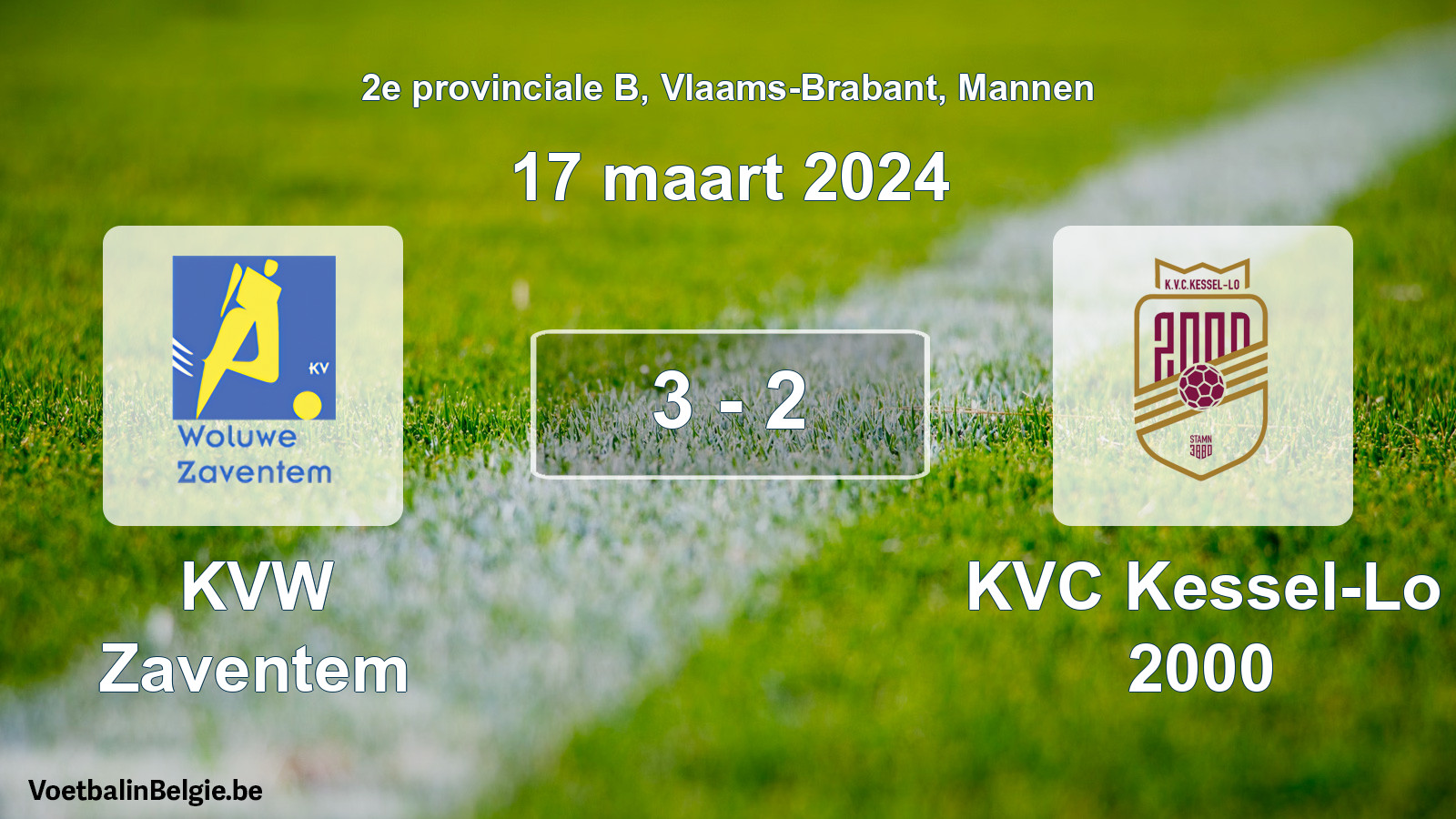 Gespeelde wedstrijd mannenvoetbal: KVW Zaventem - KVC Kessel-Lo 2000 3 - 2 (17 maart 2024)