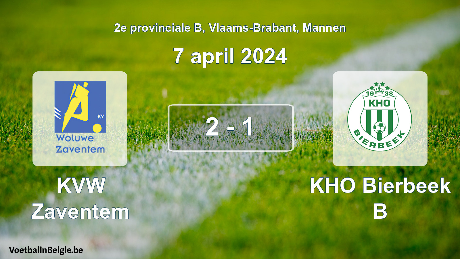 Gespeelde wedstrijd mannenvoetbal: KVW Zaventem - KHO Bierbeek B 2 - 1 (7 april 2024)