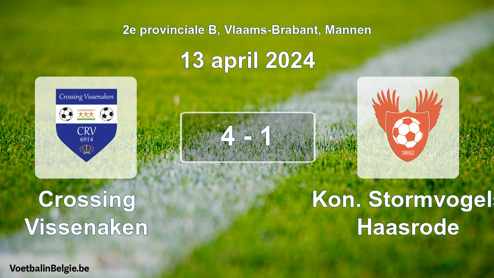 Gespeelde wedstrijd mannenvoetbal: Crossing Vissenaken - Kon. Stormvogels Haasrode 4 - 1 (13 april 2024)