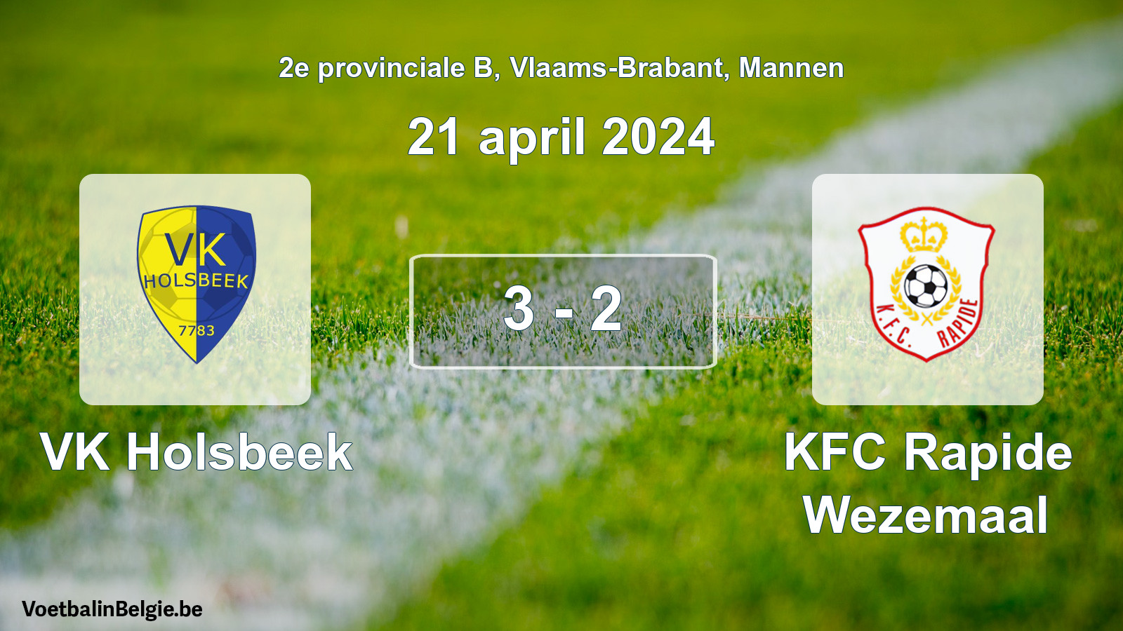 Gespeelde wedstrijd mannenvoetbal: VK Holsbeek - KFC Rapide Wezemaal 3 - 2 (21 april 2024)