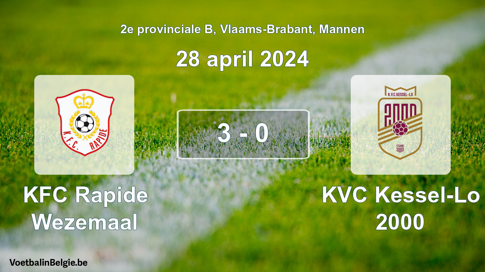 Gespeelde wedstrijd mannenvoetbal: KFC Rapide Wezemaal - KVC Kessel-Lo 2000 3 - 0 (28 april 2024)