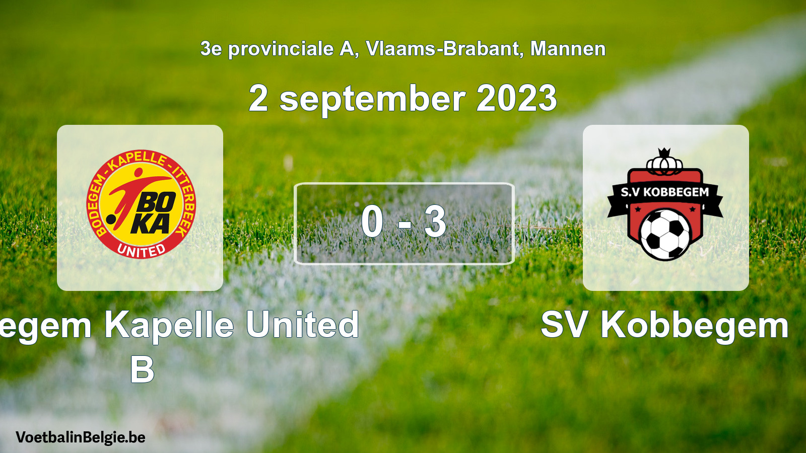 Gespeelde wedstrijd mannenvoetbal: Bodegem Kapelle United B - SV Kobbegem 0 - 3 (2 september 2023)