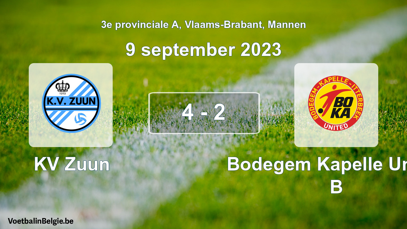 Gespeelde wedstrijd mannenvoetbal: KV Zuun - Bodegem Kapelle United B 4 - 2 (9 september 2023)