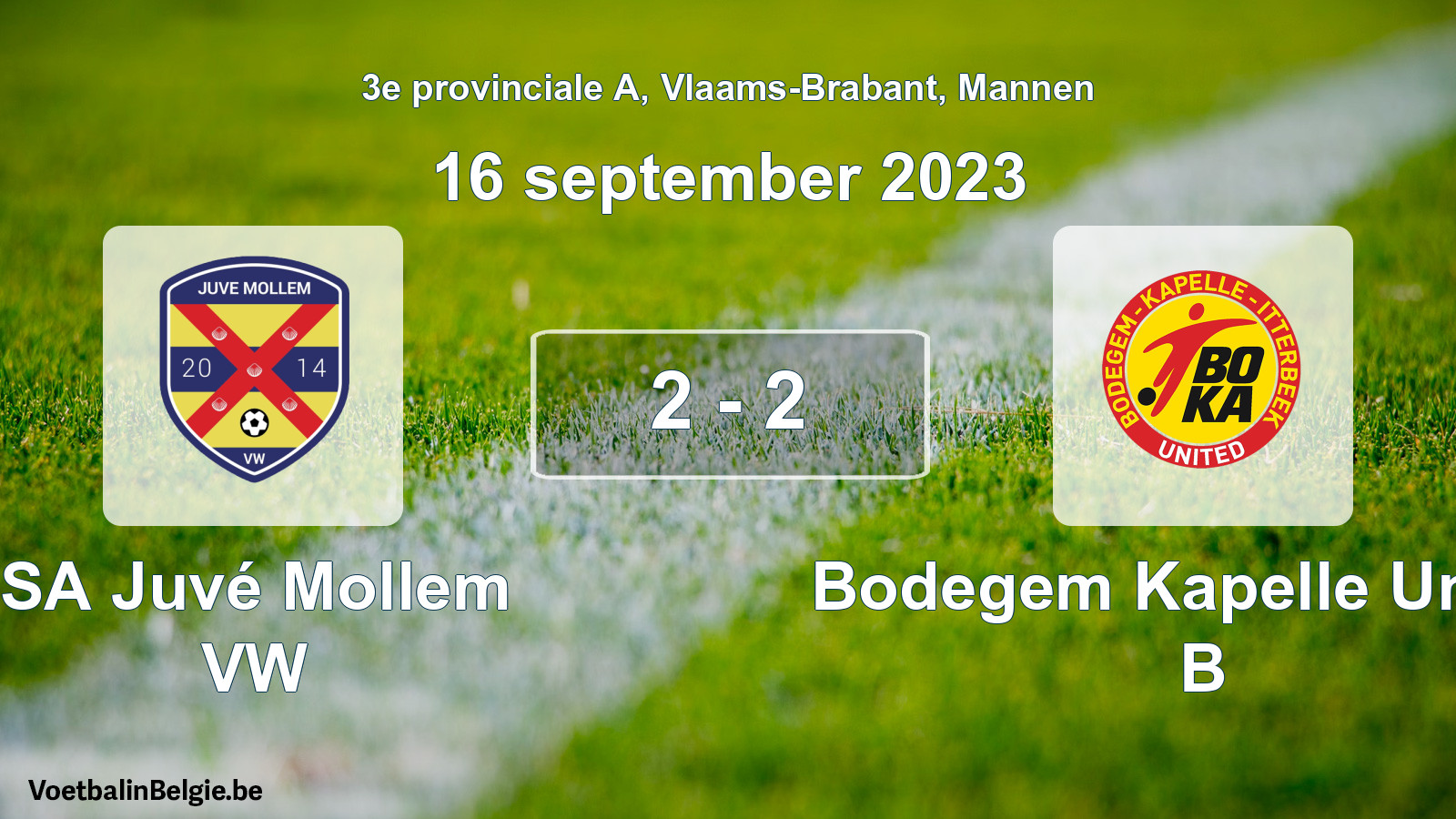 Gespeelde wedstrijd mannenvoetbal: SA Juvé Mollem VW - Bodegem Kapelle United B 2 - 2 (16 september 2023)