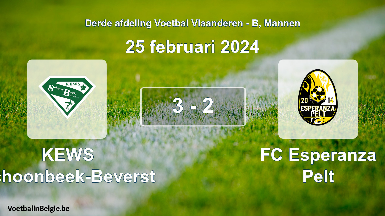 Gespeelde wedstrijd mannenvoetbal: KEWS Schoonbeek-Beverst - FC Esperanza Pelt 3 - 2 (25 februari 2024)