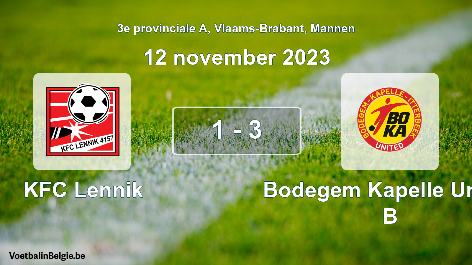Gespeelde wedstrijd mannenvoetbal: KFC Lennik - Bodegem Kapelle United B 1 - 3 (12 november 2023)