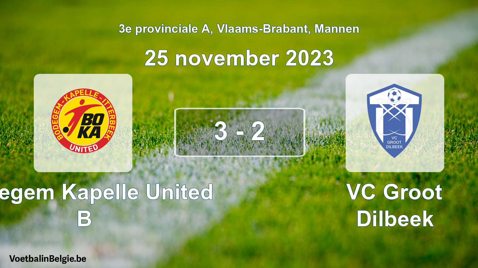 Gespeelde wedstrijd mannenvoetbal: Bodegem Kapelle United B - VC Groot Dilbeek 3 - 2 (25 november 2023)