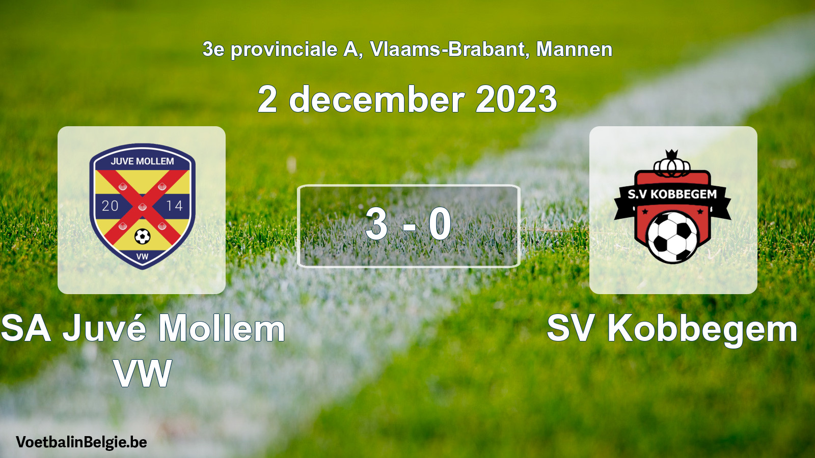 Gespeelde wedstrijd mannenvoetbal: SA Juvé Mollem VW - SV Kobbegem 3 - 0 (2 december 2023)