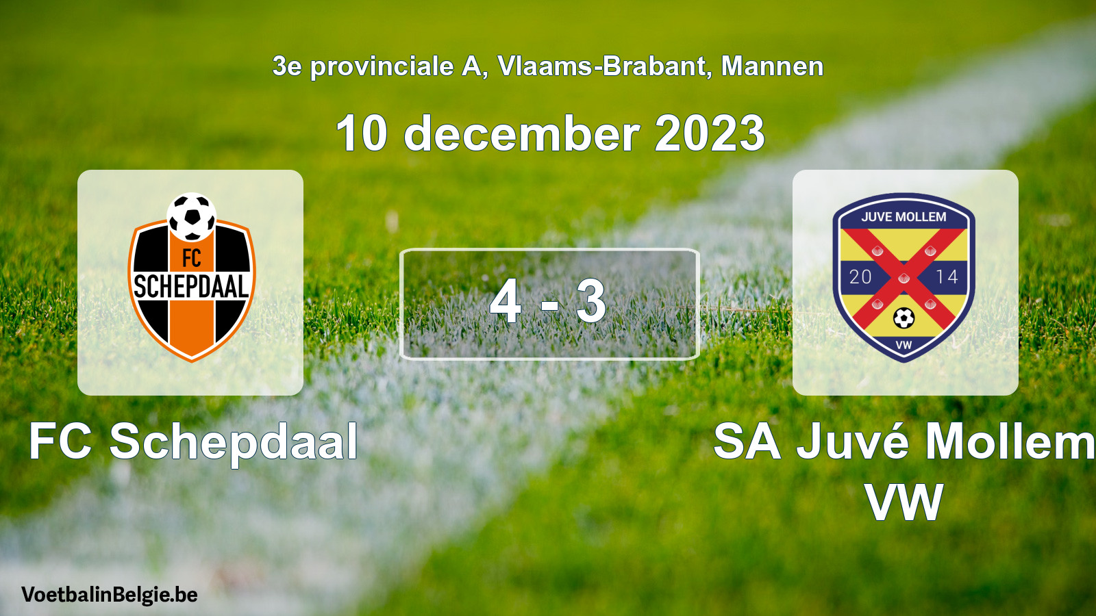 Gespeelde wedstrijd mannenvoetbal: FC Schepdaal - SA Juvé Mollem VW 4 - 3 (10 december 2023)