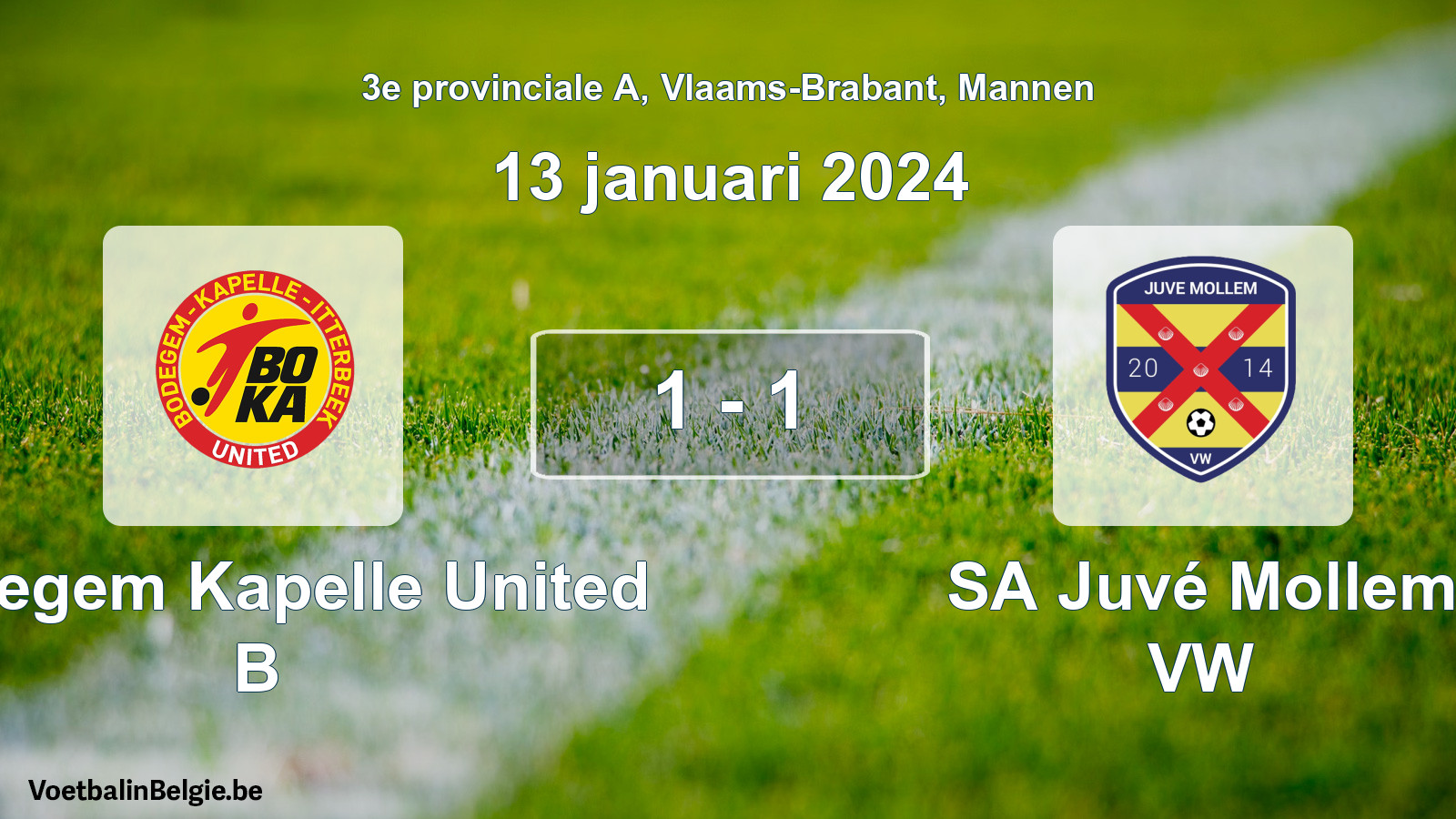 Gespeelde wedstrijd mannenvoetbal: Bodegem Kapelle United B - SA Juvé Mollem VW 1 - 1 (13 januari 2024)