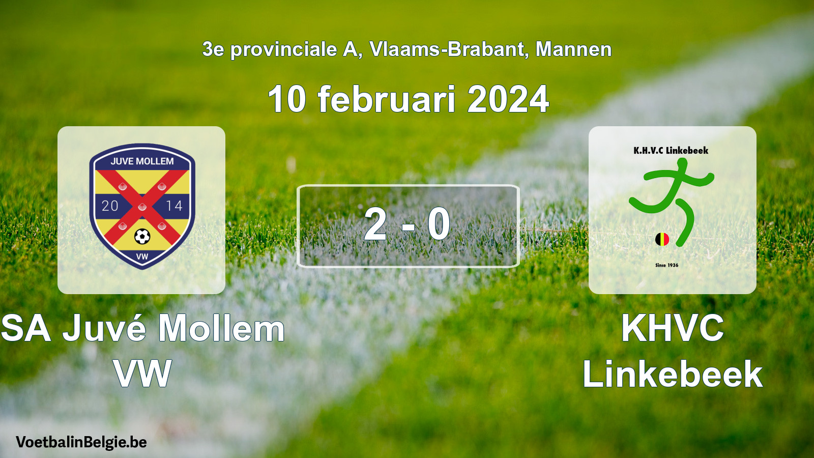 Gespeelde wedstrijd mannenvoetbal: SA Juvé Mollem VW - KHVC Linkebeek 2 - 0 (10 februari 2024)