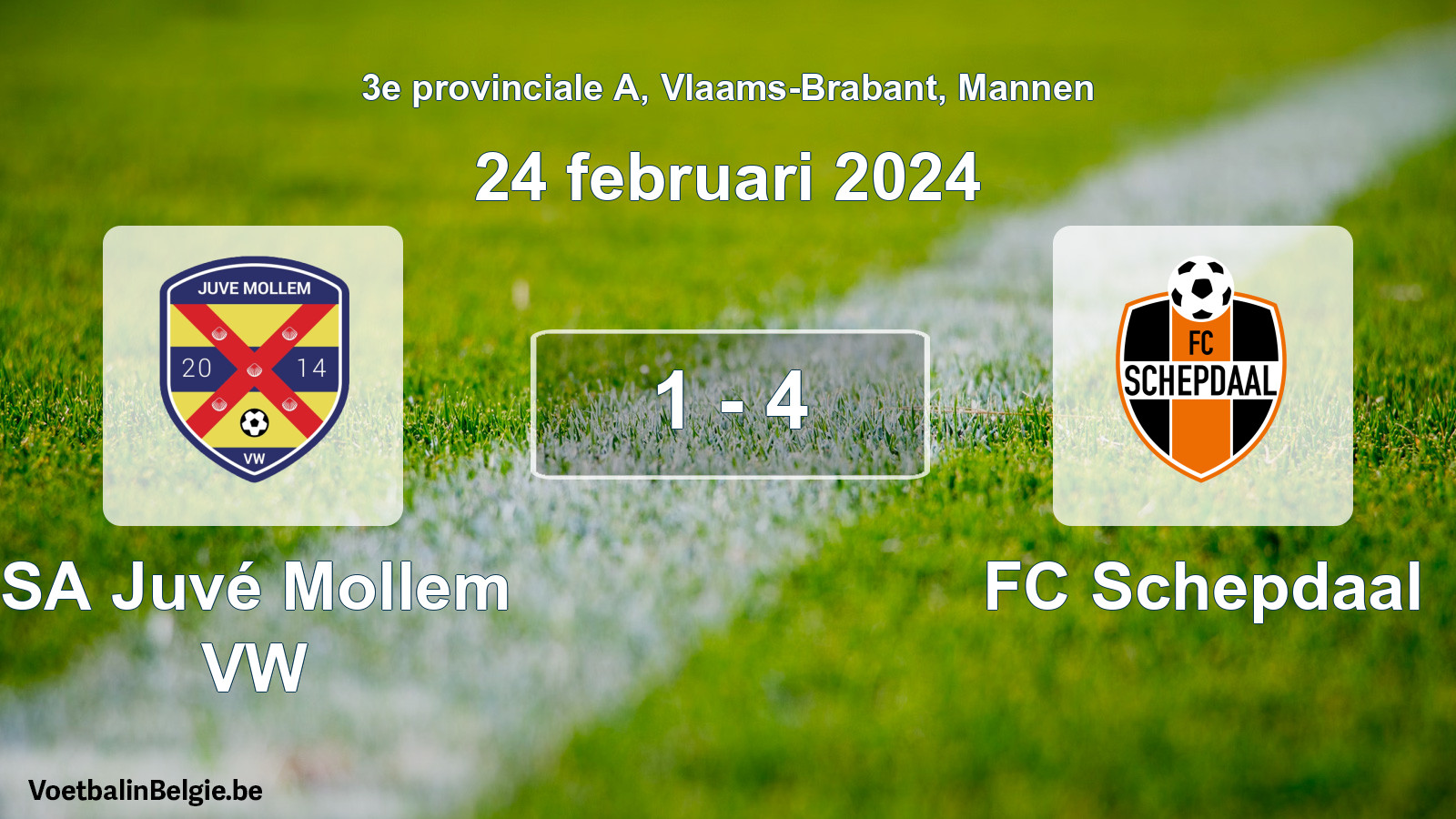 Gespeelde wedstrijd mannenvoetbal: SA Juvé Mollem VW - FC Schepdaal 1 - 4 (24 februari 2024)