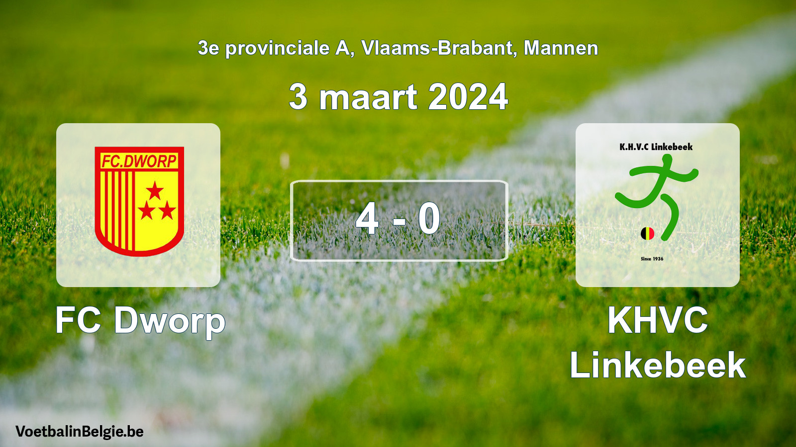 Gespeelde wedstrijd mannenvoetbal: FC Dworp - KHVC Linkebeek 4 - 0 (3 maart 2024)