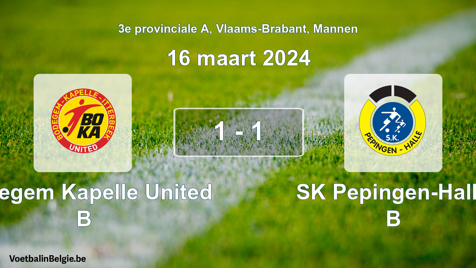 Gespeelde wedstrijd mannenvoetbal: Bodegem Kapelle United B - SK Pepingen-Halle B 1 - 1 (16 maart 2024)