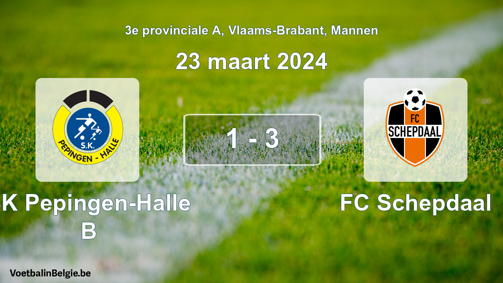 Gespeelde wedstrijd mannenvoetbal: SK Pepingen-Halle B - FC Schepdaal 1 - 3 (23 maart 2024)
