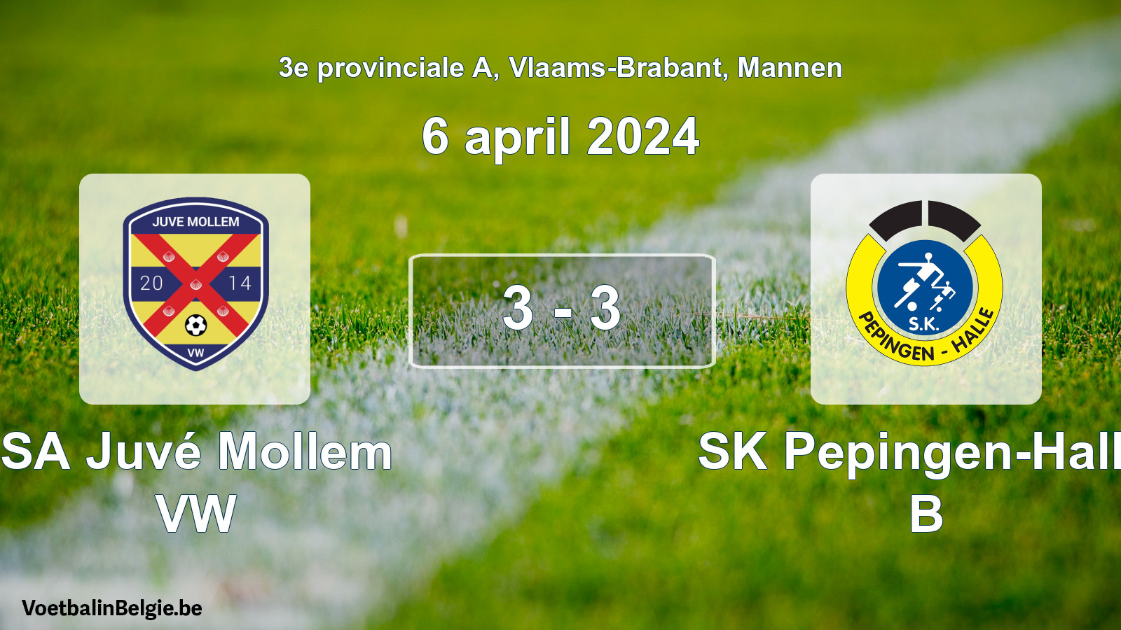 Gespeelde wedstrijd mannenvoetbal: SA Juvé Mollem VW - SK Pepingen-Halle B 3 - 3 (6 april 2024)