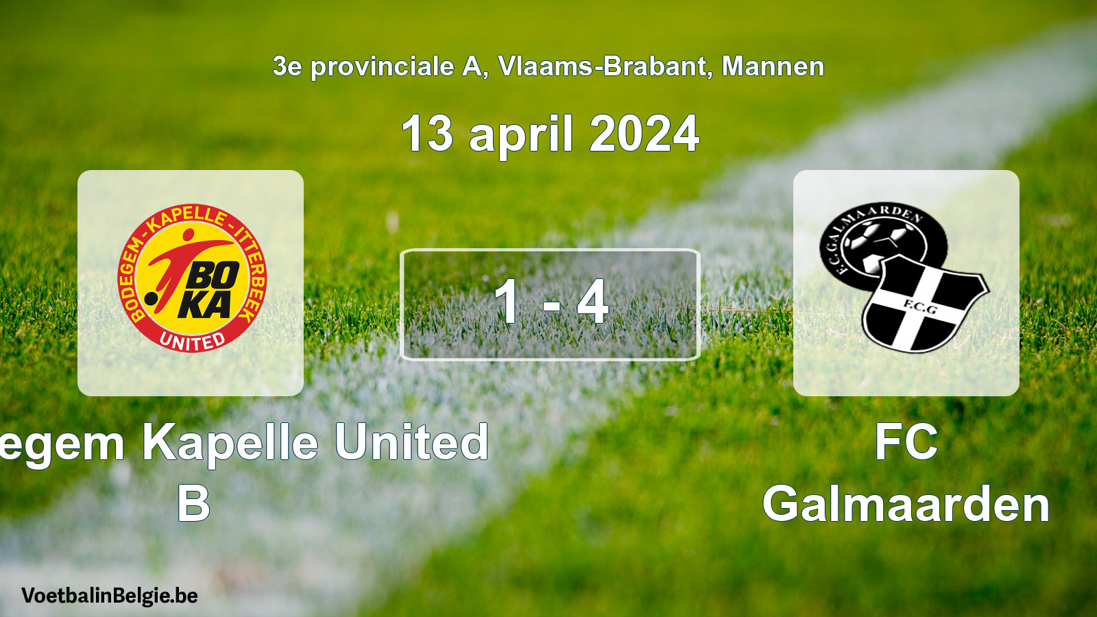 Gespeelde wedstrijd mannenvoetbal: Bodegem Kapelle United B - FC Galmaarden 1 - 4 (13 april 2024)