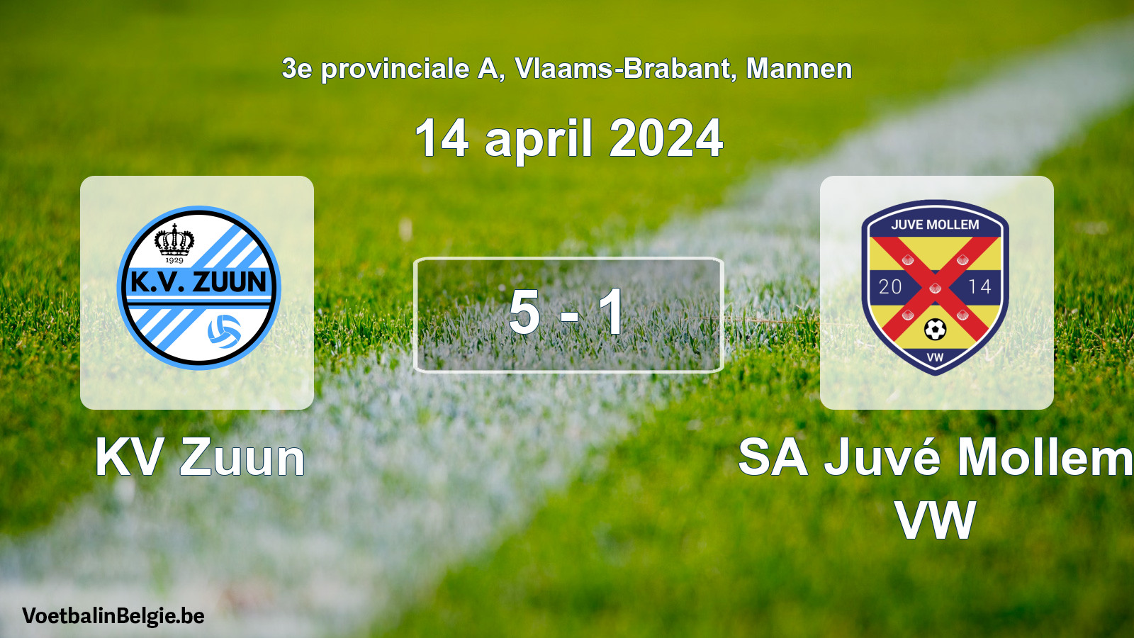 Gespeelde wedstrijd mannenvoetbal: KV Zuun - SA Juvé Mollem VW 5 - 1 (14 april 2024)