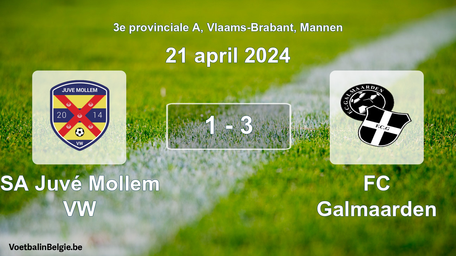 Gespeelde wedstrijd mannenvoetbal: SA Juvé Mollem VW - FC Galmaarden 1 - 3 (21 april 2024)