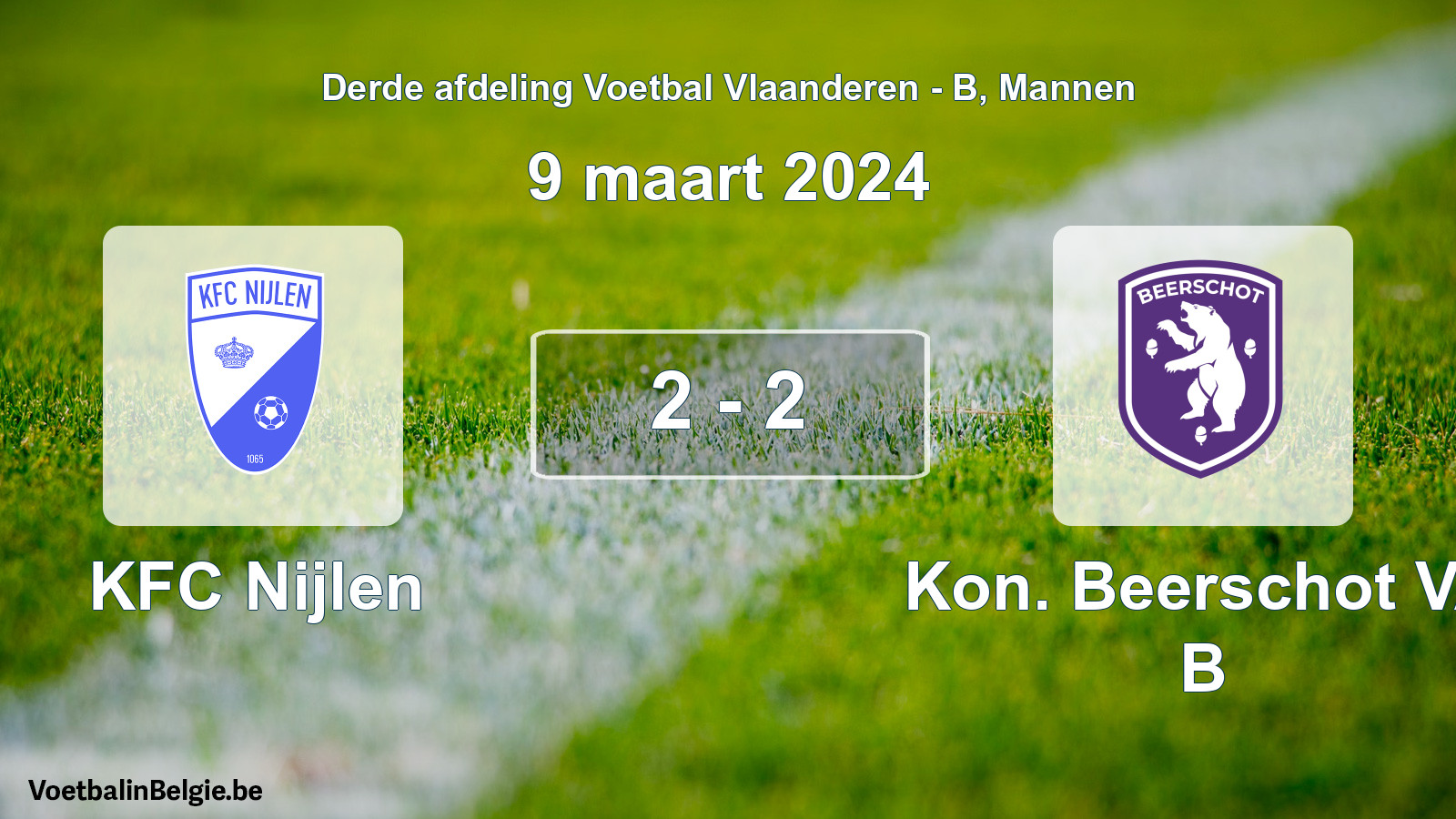 Gespeelde wedstrijd mannenvoetbal: KFC Nijlen - Kon. Beerschot VA B 2 - 2 (9 maart 2024)