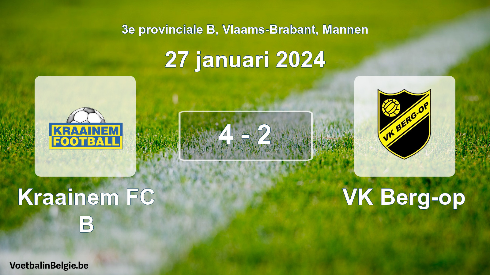 Gespeelde wedstrijd mannenvoetbal: Kraainem FC B - VK Berg-op 4 - 2 (27 januari 2024)