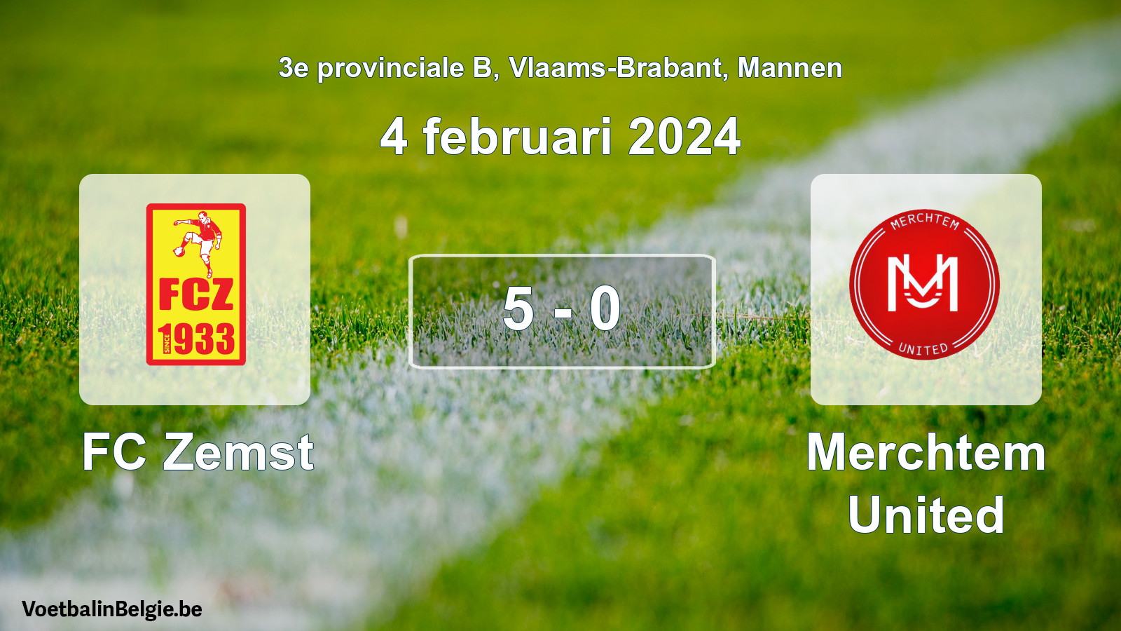 Gespeelde wedstrijd mannenvoetbal: FC Zemst - Merchtem United 5 - 0 (4 februari 2024)